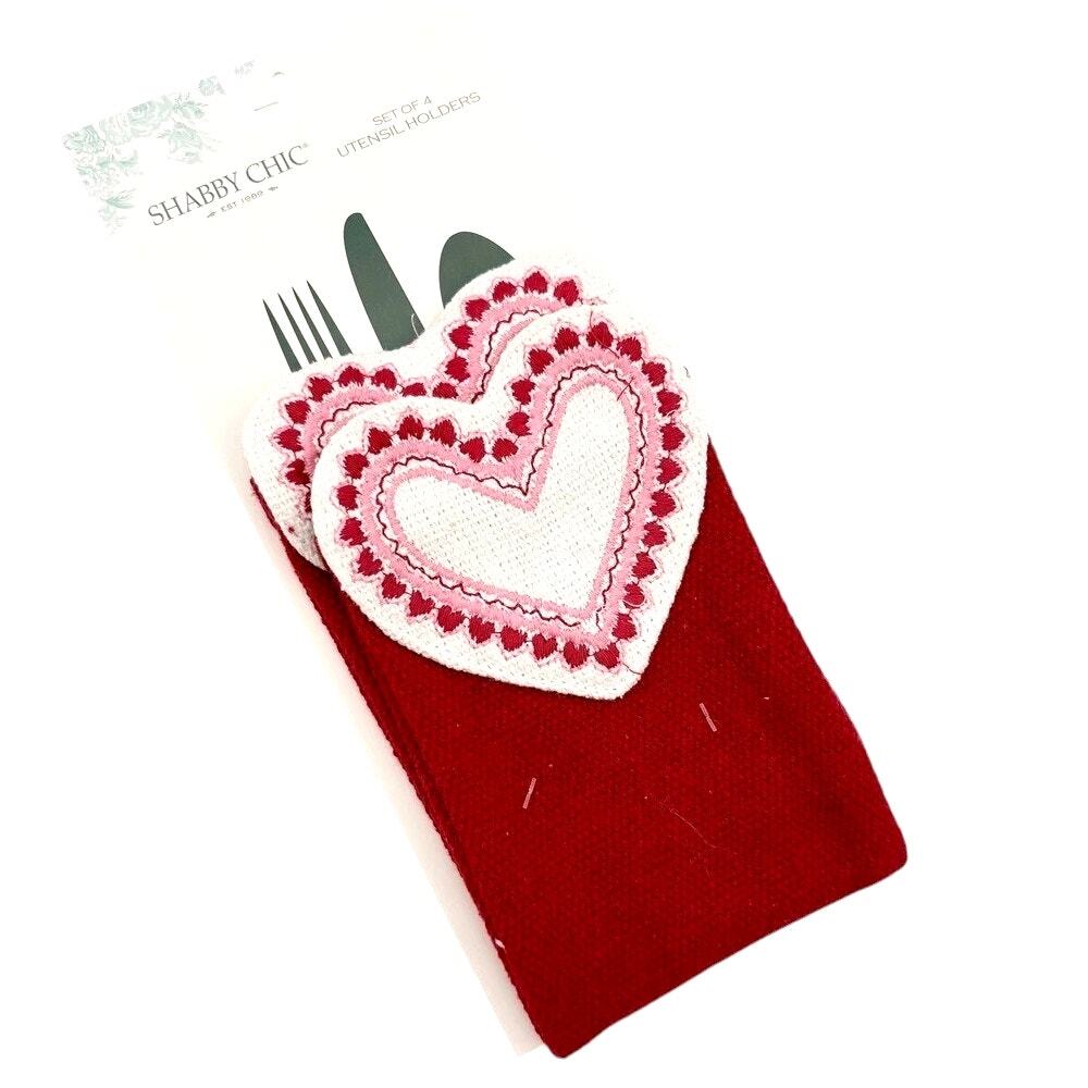 4 Shabby Chic Valentines Heart Utensil Holders Pink Red White Embroidered NEW